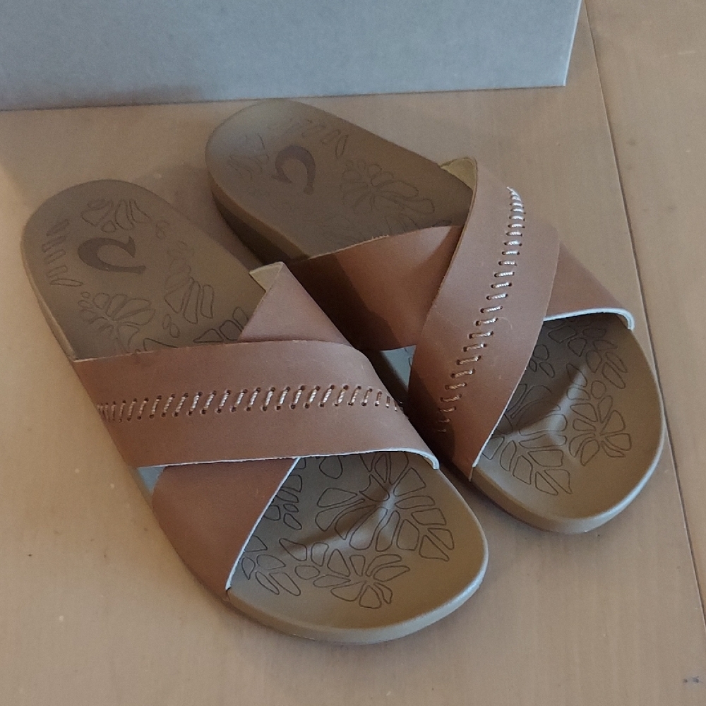 OluKai Tan Leather Cross-Strap Slide Sandals